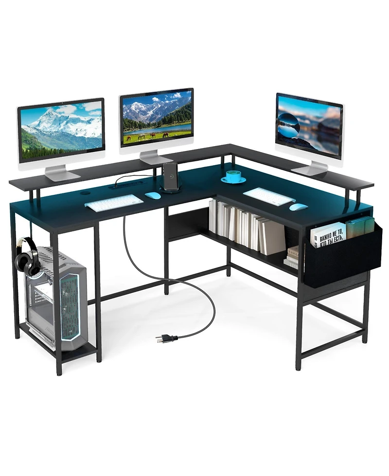Gymax L-Shaped Gaming Desk w/ Led Lights & Power Outlets Monitor Stand Fabric Bag