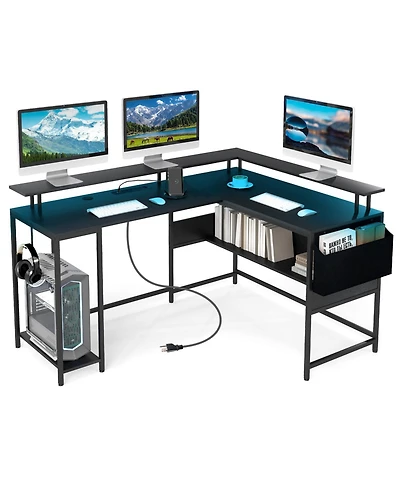 Gymax L-Shaped Gaming Desk w/ Led Lights & Power Outlets Monitor Stand Fabric Bag