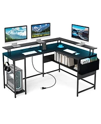 Gymax L-Shaped Gaming Desk w/ Led Lights & Power Outlets Monitor Stand Fabric Bag