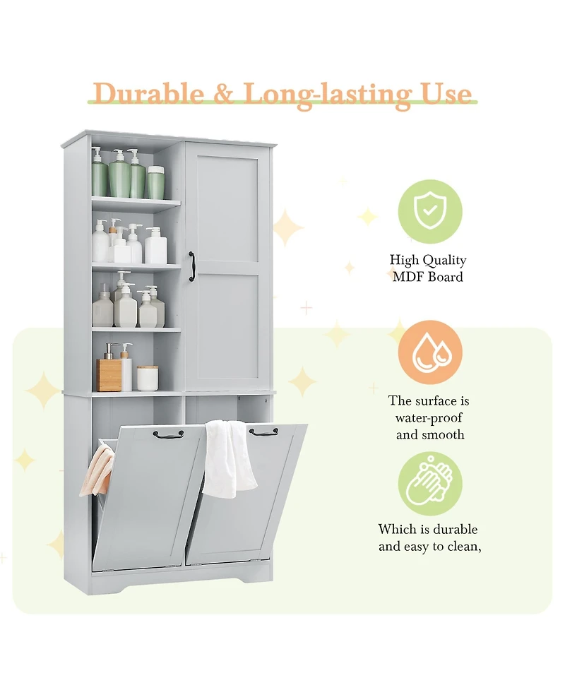 Bathroom Storage Cabinet with Doors Drawers Tilt-Out Laundry Hamper and Adjustable Shelves