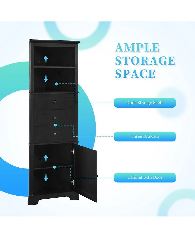 Triangle Tall Cabinet with 3 Drawers and Adjustable Shelves for Bathroom and Kitchen