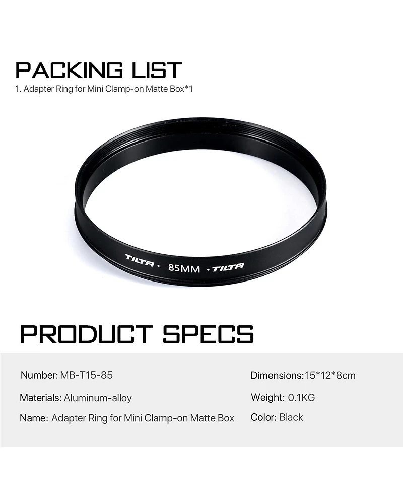 Tilta 85mm Adapter Ring for Mini Clamp-on Matte Box, Black