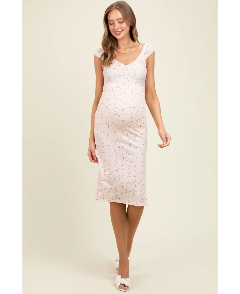Pinkblush Maternity Pink Floral Ditsy Cap Sleeve Side Slit Midi Dress