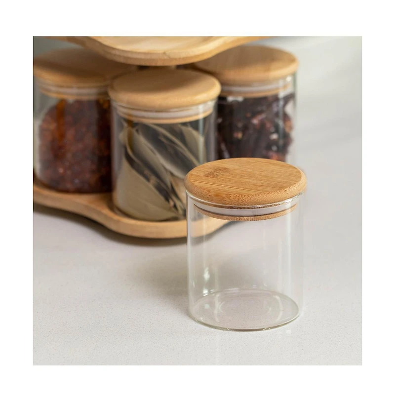 Basicwise Minimalist Two-Tier Bamboo Lazy Susan Turntable with 8 Pcs 12 oz Airtight Lid Glass Jars, Versatile Spice Rack Organizer, Perfect for Kitche