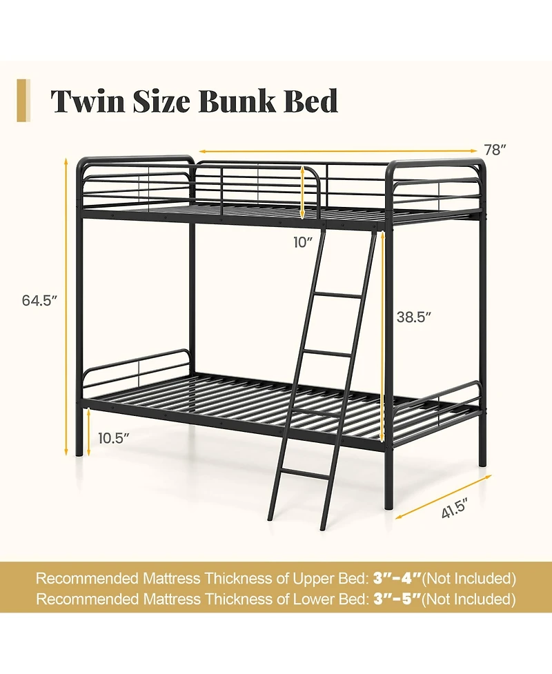 Gymax Twin Over Twin Bunk Bed Heavy Duty Metal Bunk Bed w/ Ladder Safety Guardrails