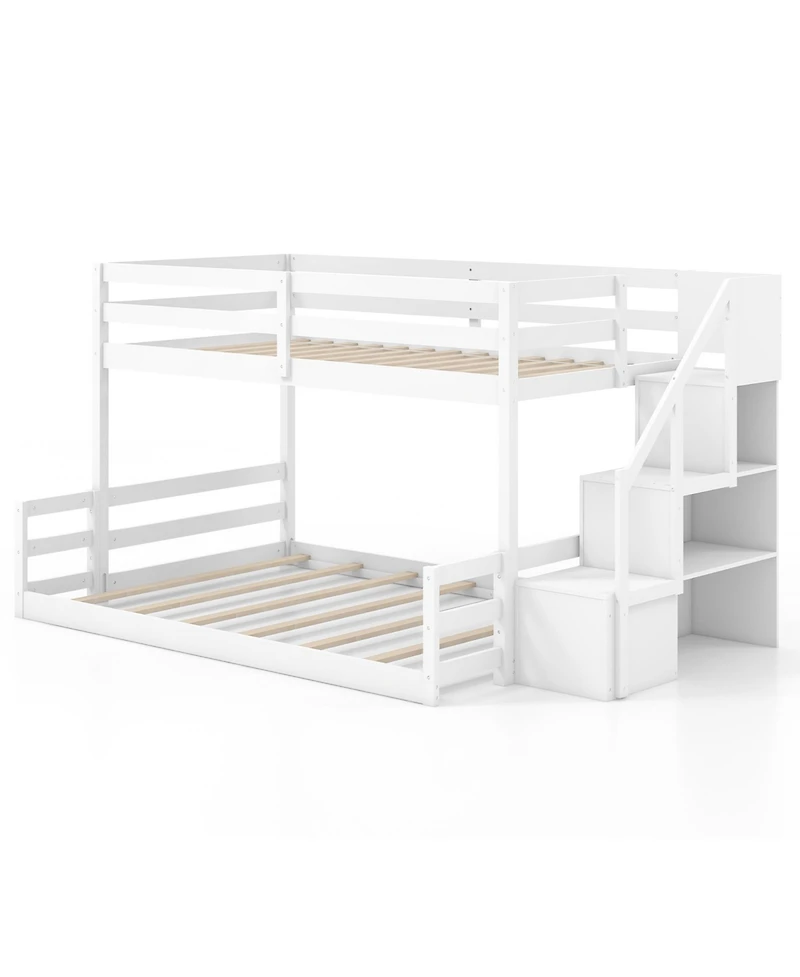 Gymax Twin Over Full Low Bunk Bed w/ Storage Stairs w/ Full-length Guardrails