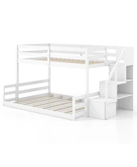 Gymax Twin Over Full Low Bunk Bed w/ Storage Stairs w/ Full-length Guardrails