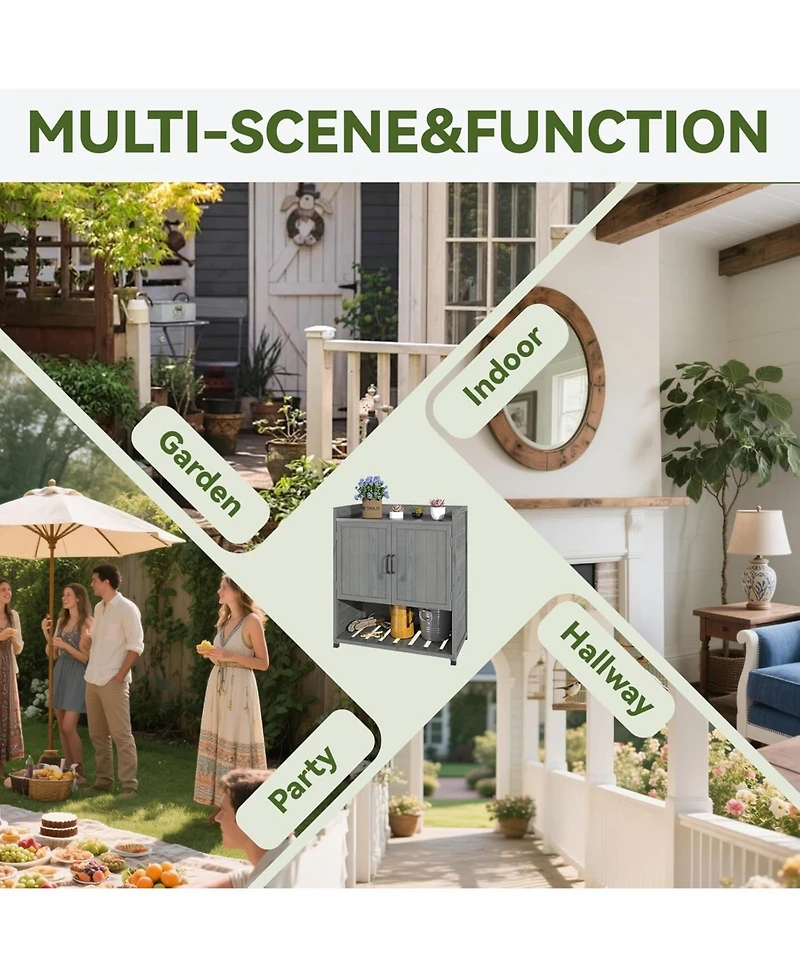 Aecojoy Potting Bench, Outdoor Wooden Storage Cabinet with Adjustable Shelf, Metal Tabletop