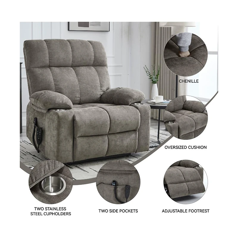 Heavy Duty Power Lift Recliner with Dual Motors, Massage & Heat, Infinite Position Chair Cup Holders-Maison Boucle
