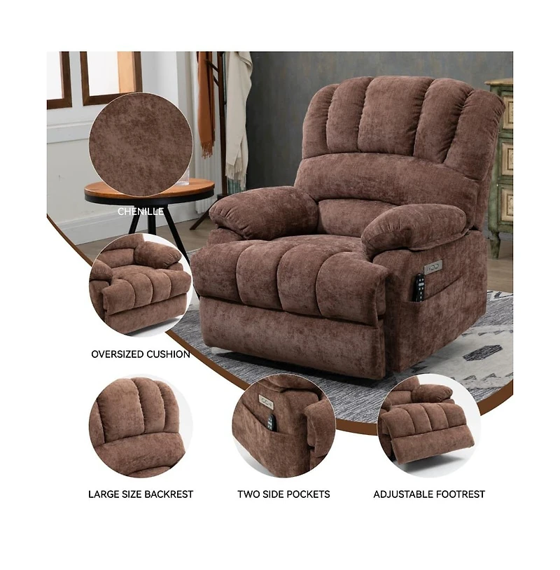 Maison Boucle Oversized Power Lift Recliner for Big & Tall Adults, 23" Wide Chenille Chair with Massage, Heat Usb-Maison