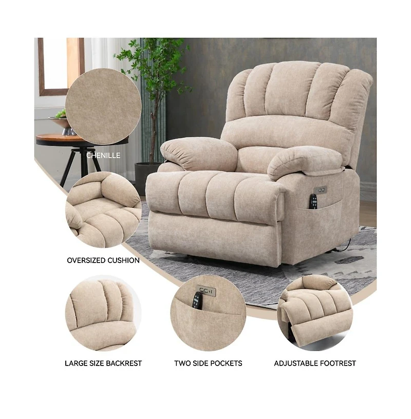 Maison Boucle Oversized Power Lift Recliner for Big & Tall Adults, 23" Wide Chenille Chair with Massage, Heat Usb-Maison