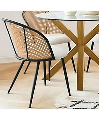 Elegant Minimalist Round Glass Dining Table with 39in Diameter and 4 Rattan Chairs, Modern Space-Saving Kitchen Set-Maison Boucle