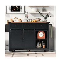 Maison Boucle 53.7" Farmhouse Kitchen Island with Drop Leaf, Power Outlet, Barn Doors & Drawers, Rolling Storage Cart-Maison Boucle