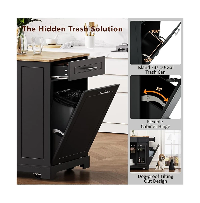 Rolling Kitchen Island with Trash Bin Cabinet, Power Outlet, 3 Drawers, Side Spice Racks, Solid Wood Top, Lockable Wheels-Maison Boucle