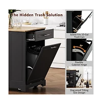 Rolling Kitchen Island with Trash Bin Cabinet, Power Outlet, 3 Drawers, Side Spice Racks, Solid Wood Top, Lockable Wheels-Maison Boucle