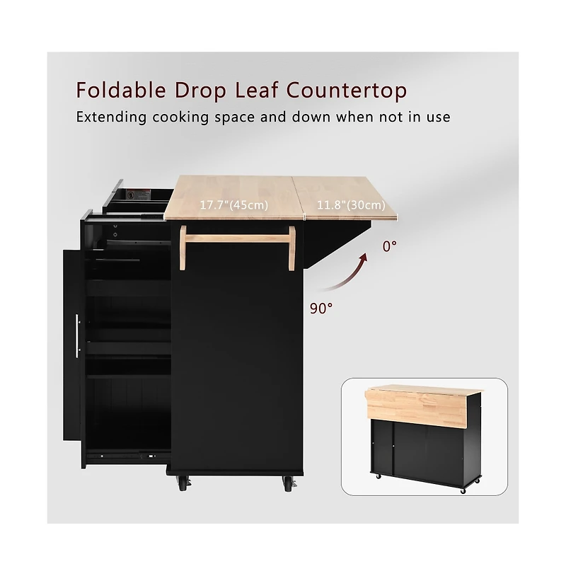 46" Kitchen Island with Drop Leaf, 3-Tier Pull-Out Organizer & Hidden Door Racks, Rolling Cart Rubberwood Top-Maison Boucle