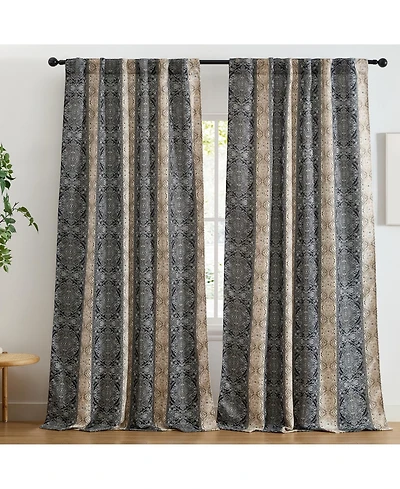 Hlc.me William Boho Damask Striped Patterned Window Back Tab Rod Pocket Curtains Bedroom - Light Blocking Darkening Window Panels, Set of 2