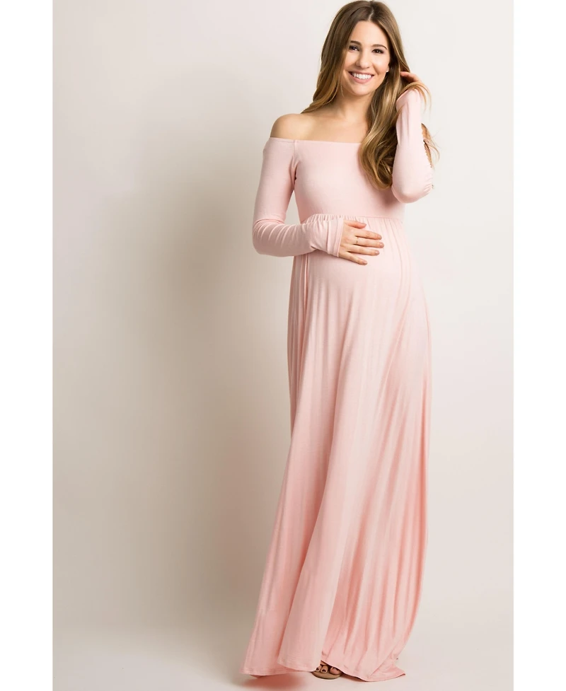 Pinkblush Maternity Pink Solid Off Shoulder Maxi Dress