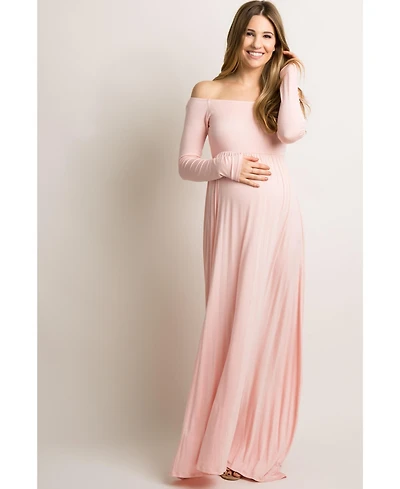 Pinkblush Maternity Pink Solid Off Shoulder Maxi Dress