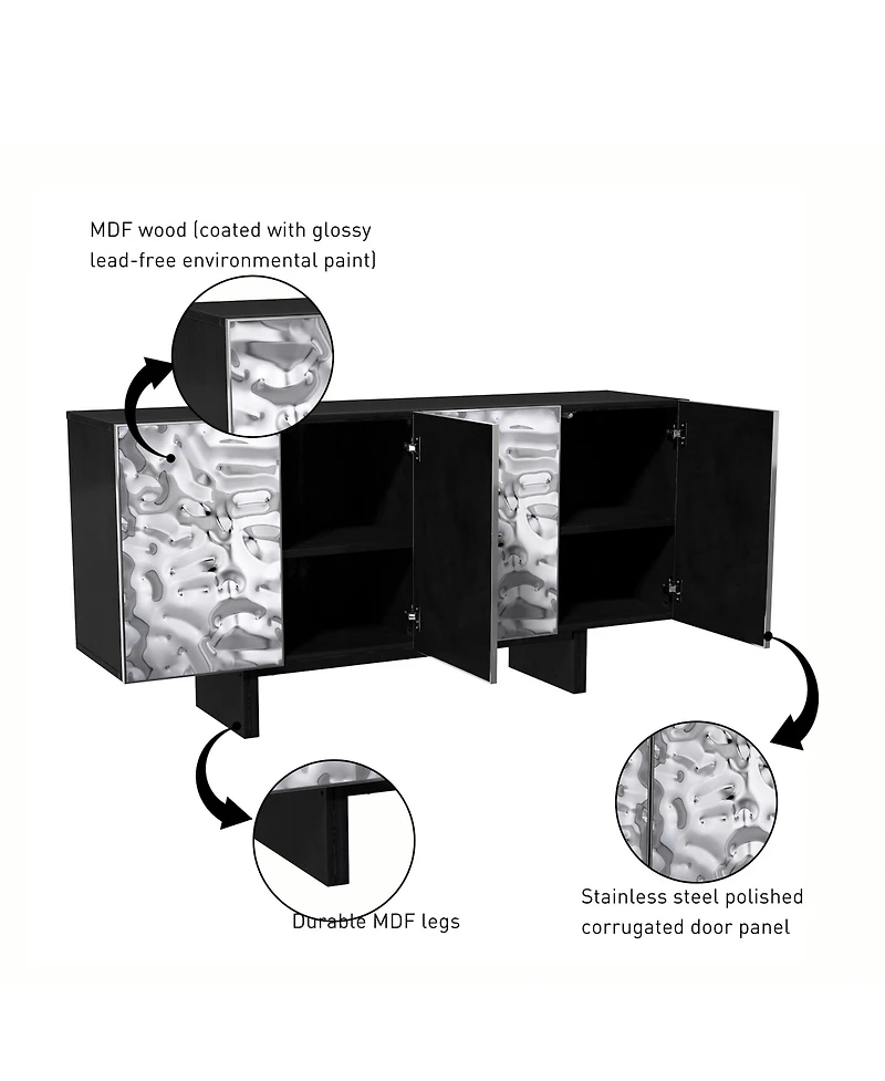4 Door Storage Cabinet with Stainless Steel Wave Polished Doors