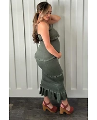 Pinkblush Olive Satin Smocked Fitted Maternity Maxi Dress