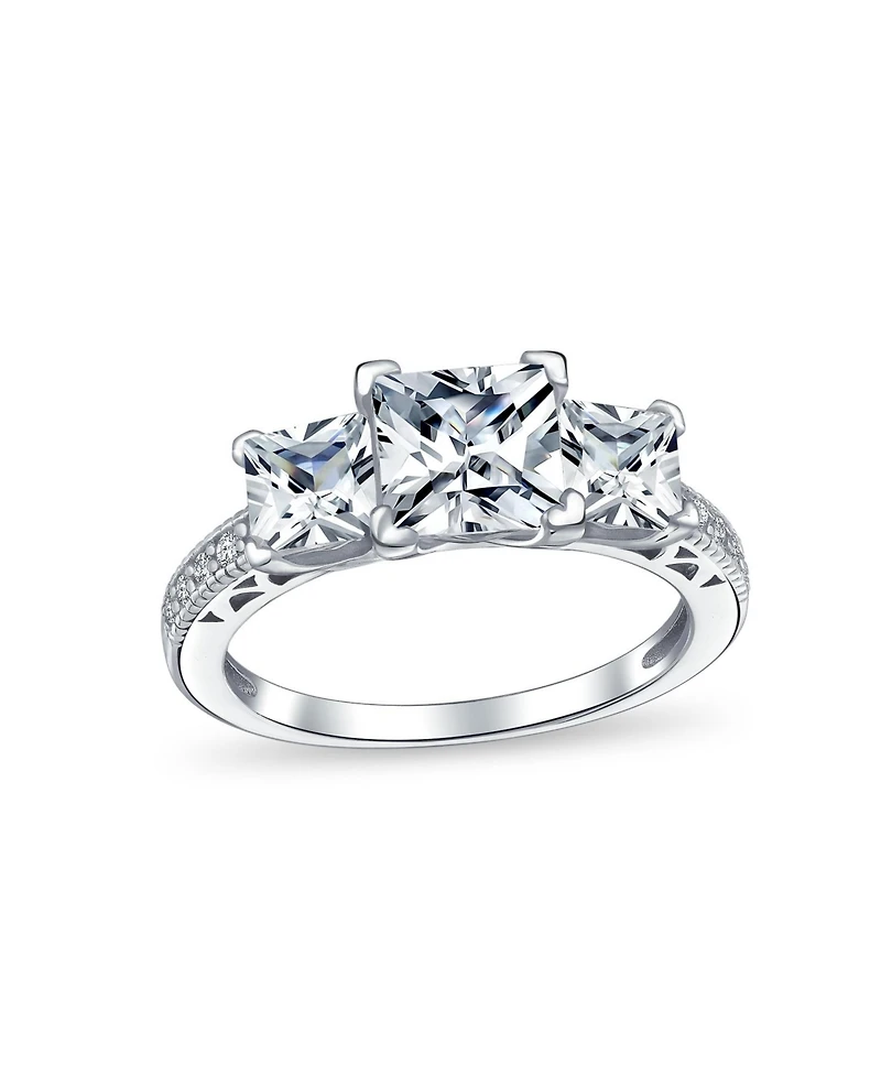Bling Jewelry Classic 3CT Square Princess Cut Three Stone Past Present Future Cubic Zirconia Milgrain Promise Ring Band Set Sterling Silver