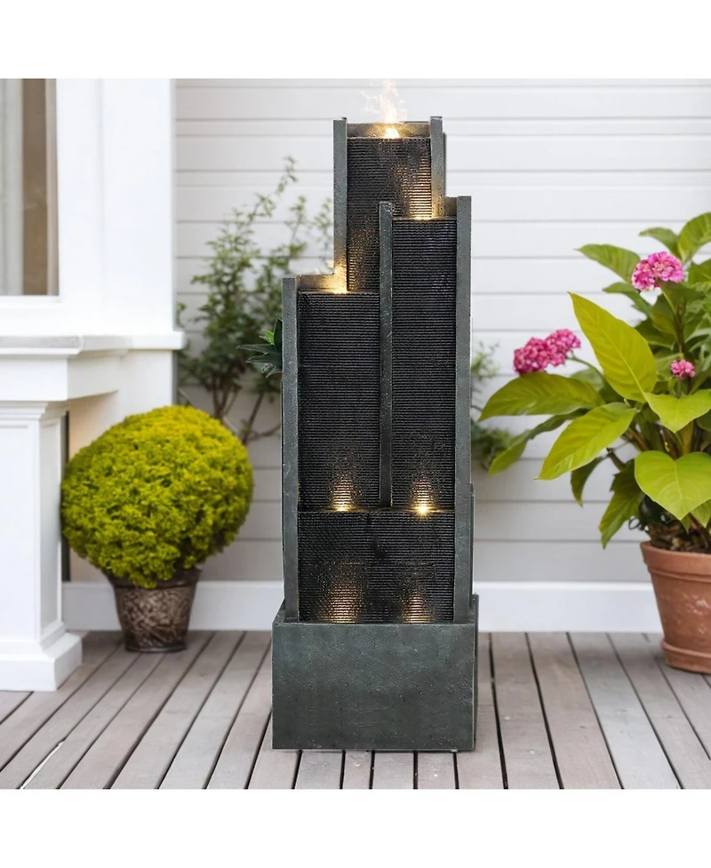 SunJet 5-Tier Modern Water Fountain, Indoor/Outdoor Resin Water Fountains with Soothing Water Sounds & Warm Led Light, Perfect for Garden, Patio, Home