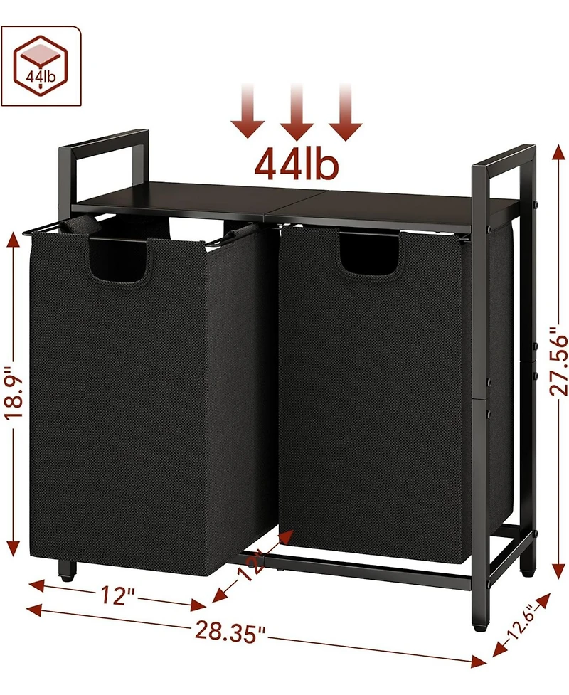 Kitstorack Laundry Basket Organizer, Laundry Hamper with Shelf & 2 Pull-Out Removable Bags, Dirty Clothes Hamper Organizer for Laundry Room Bathroom a