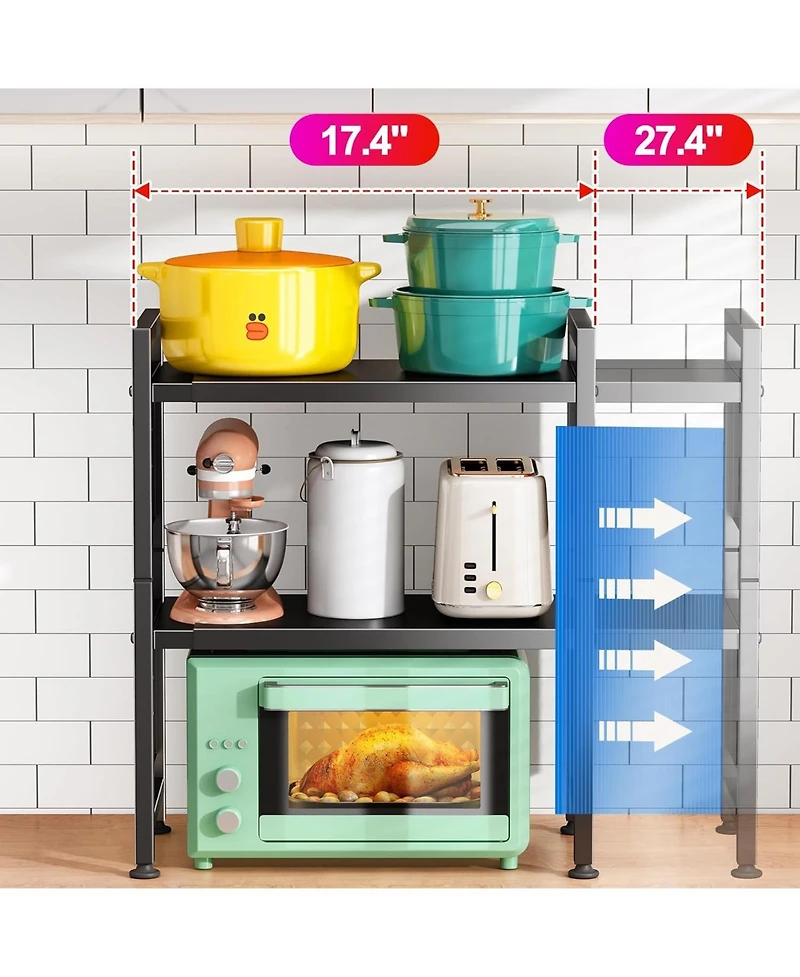Kitstorack 17.4"- 27.4" Expandable Microwave Stand, 3-Tier Heavy Duty Adjustable Height Microwave Oven Rack with 9 Hooks and Cutting Board Holder, Cou