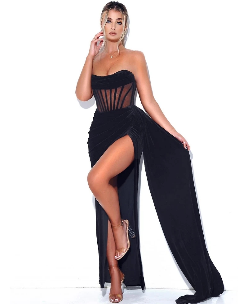 Miss Circle Women's Priya Black Draping Corset High Slit Velvet Gown