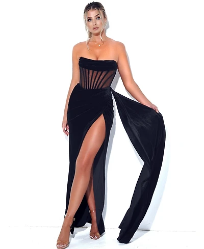 Miss Circle Women's Priya Black Draping Corset High Slit Velvet Gown