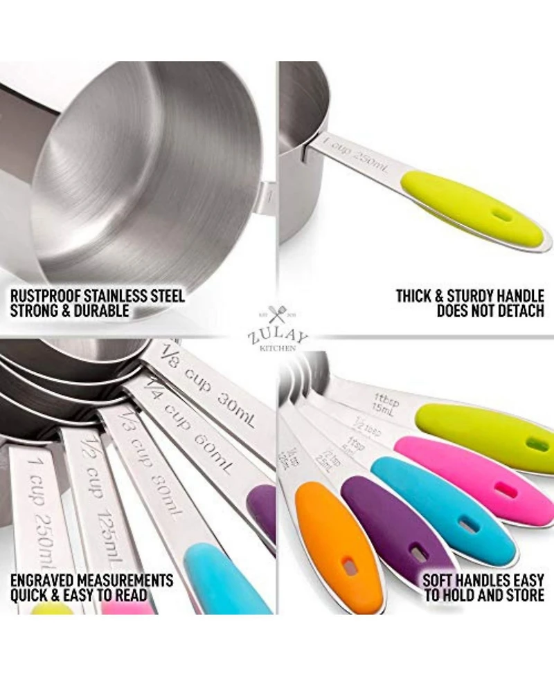 Set of 10 Stackable Stainless Steel Metal Measuring Cups and Spoons with Silicone Handles