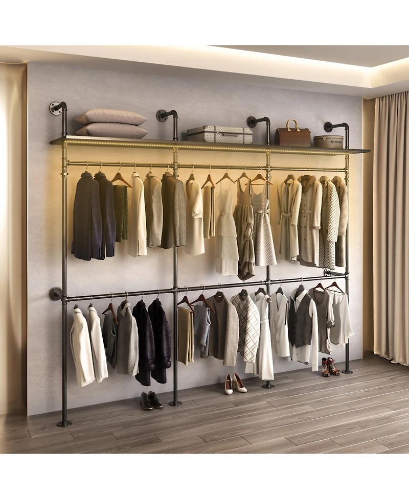 Streamdale Furniture Industrial Pipe Clothing Rack w/ Led & Shelves