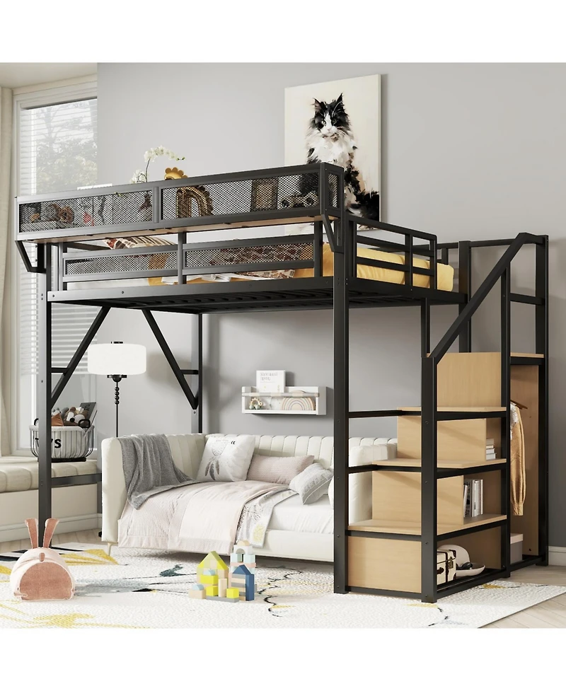 Streamdale Furniture Metal Full Loft Bed with Stairs & Storage - Black