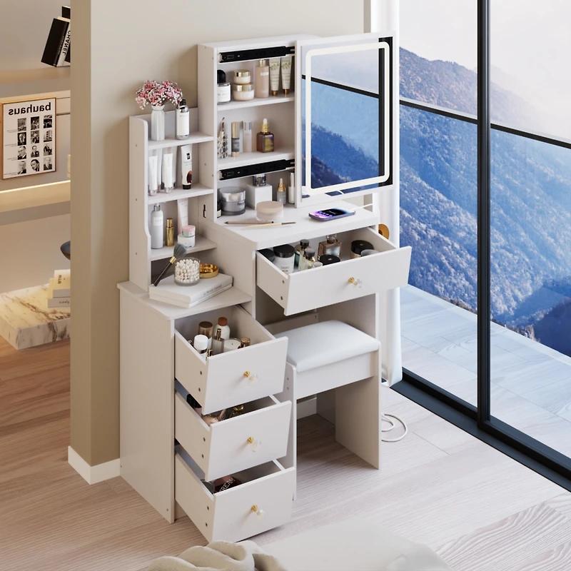 Streamdale Furniture Led Mirror Vanity Table with Stool & Power
