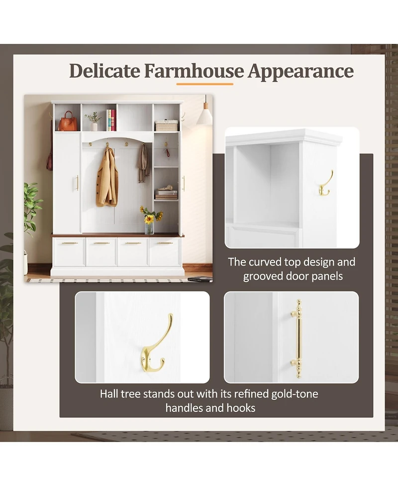 Streamdale 4-in-1 Hall Tree: 59" Wide, Golden Hooks, Walnut Bench, Adjustable Shelves, White