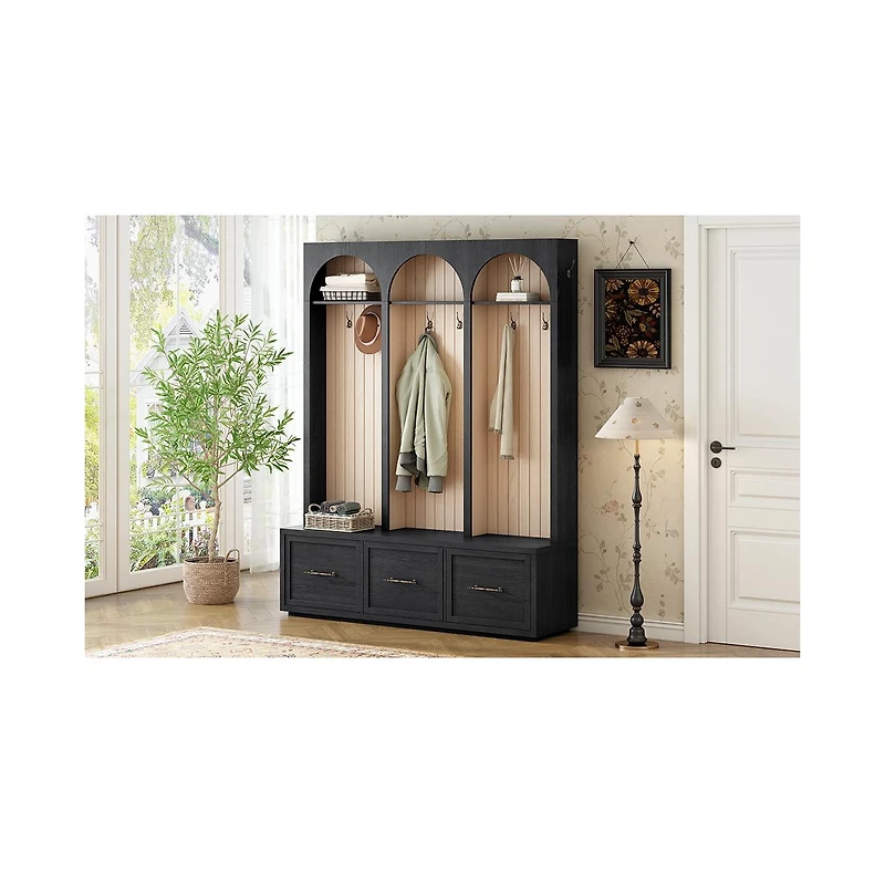 Streamdale Furniture Farmhouse Hall Tree: 59" Entry Bench, 8 Hooks, 3 Drawers, Black