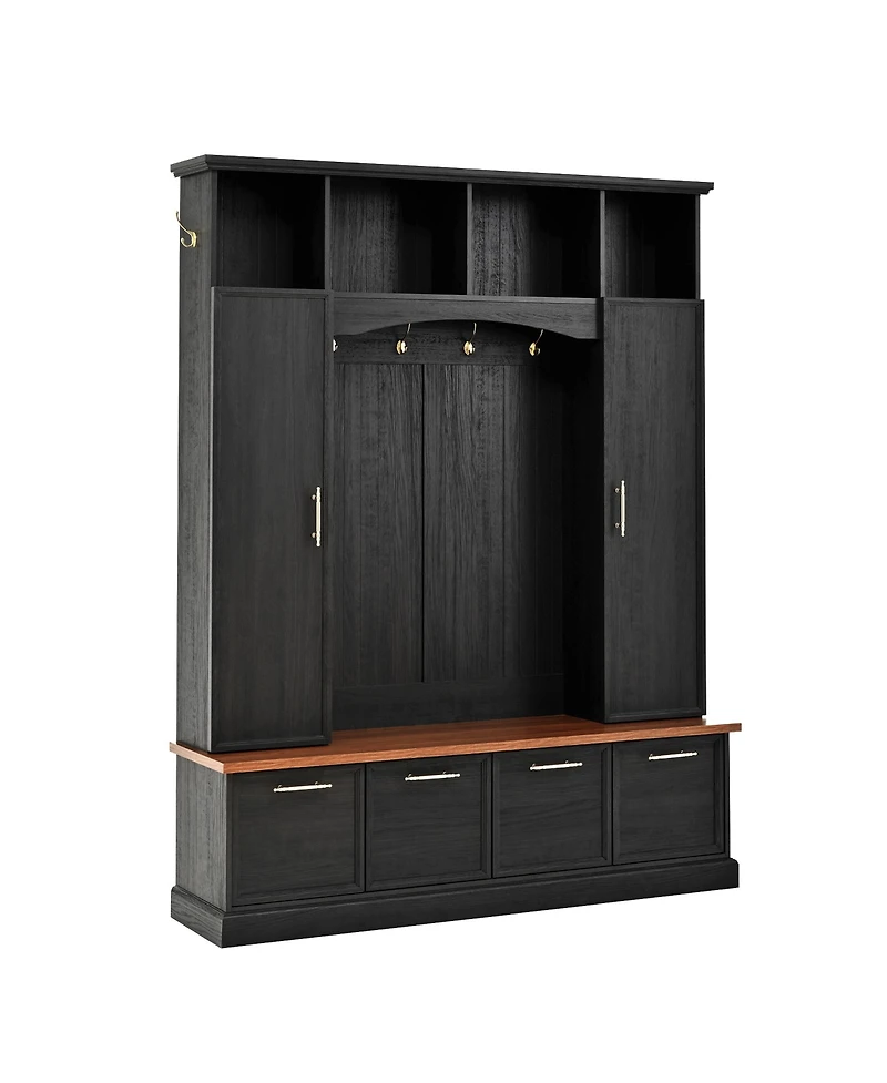Streamdale 4-in-1 Hall Tree: 59" Wide, Golden Hooks, Walnut Bench, Adjustable Shelves, White