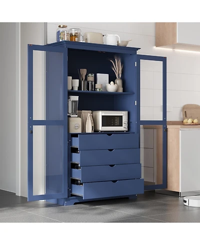 Streamdale Furniture Blue Kitchen Pantry Cabinet with Glass Doors & Drawers