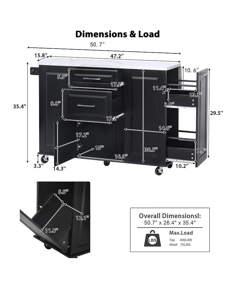 Streamdale Rolling Kitchen Island w/ Tilt Trash, Drop Leaf & Storage - White