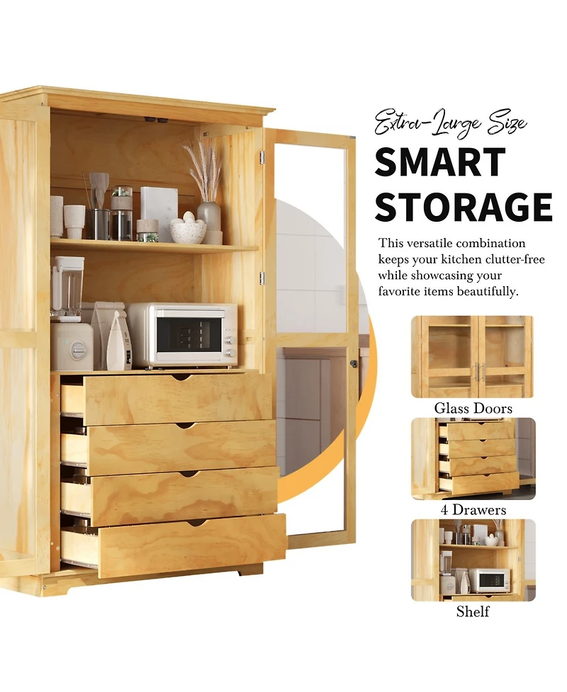 Streamdale Kitchen Pantry Cabinet with Glass Doors & Drawers - Natural