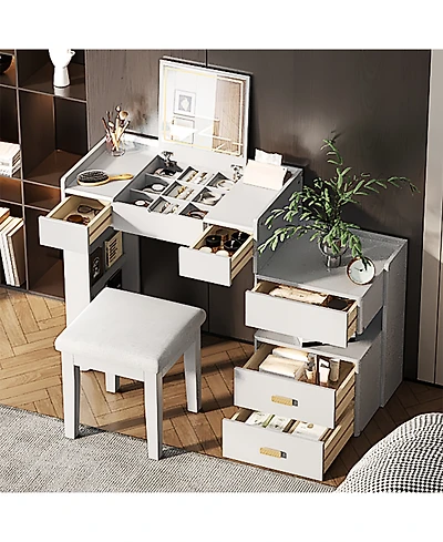 Streamdale Furniture 3-in-1 Vanity Desk- Flip-Top Mirror, Led, Adjustable Length