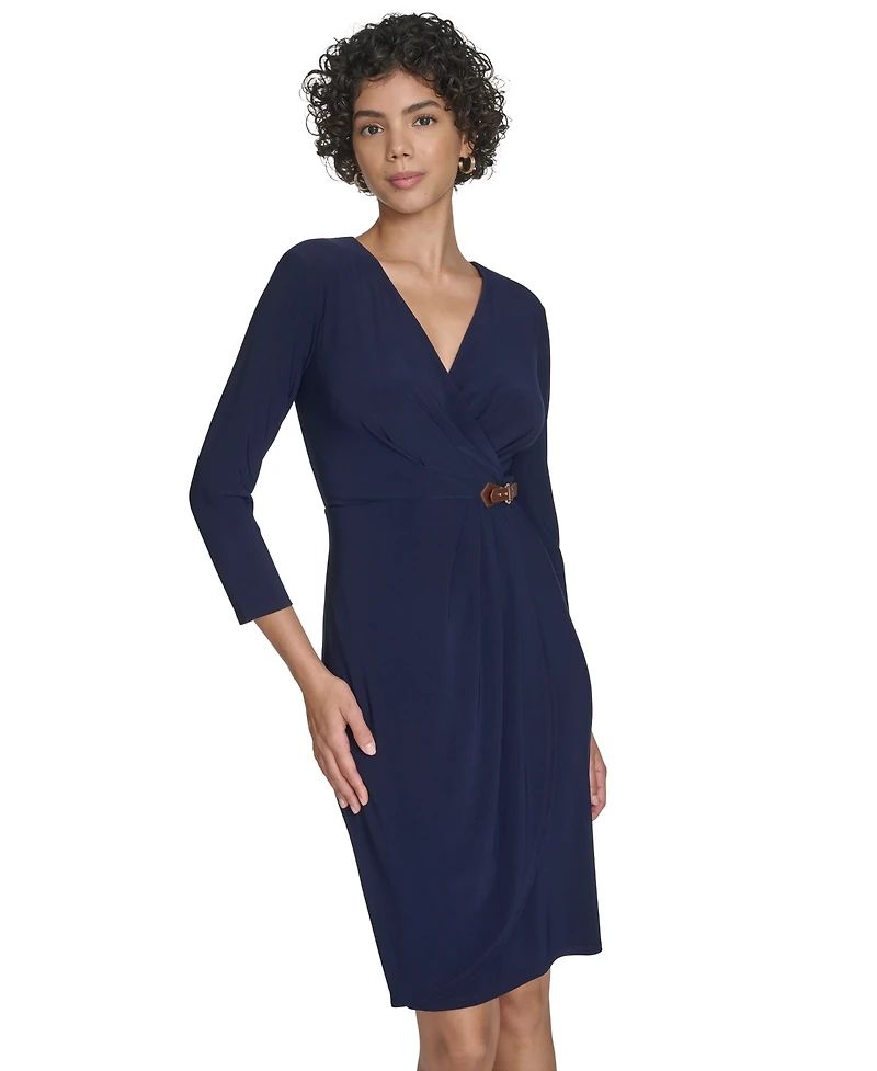 Jessica Howard Petite Surplice Faux Wrap Sheath With Buckle Dress