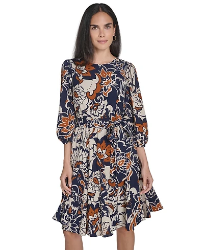 Jessica Howard Petite Jewel Neck Belted Fit and Flare Godet Dress