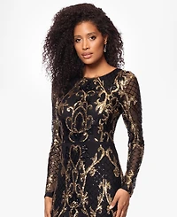 Betsy & Adam Petite Sequinned Mesh-Sleeve Evening Gown