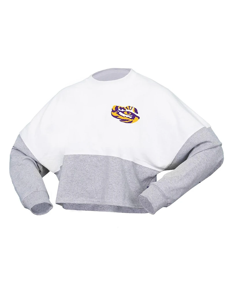 Spirit Jersey Women's White Lsu Tigers Heather Block Cropped Long Sleeve T-Shirt