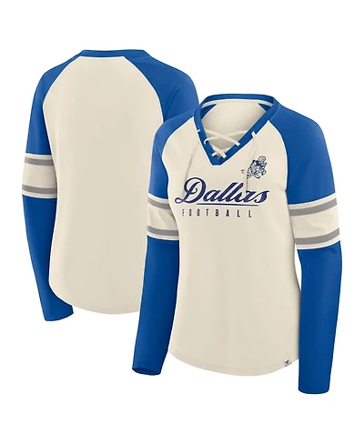 Fanatics Women's Cream/Royal Dallas Cowboys Hometown Gridiron Hero Raglan Lace-Up V-Neck Long Sleeve T-Shirt