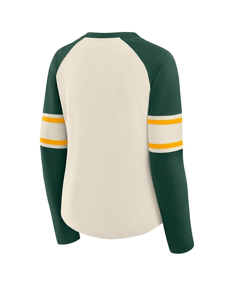 Fanatics Women's Cream/Green Bay Packers Hometown Gridiron Hero Raglan Lace-Up V-Neck Long Sleeve T-Shirt