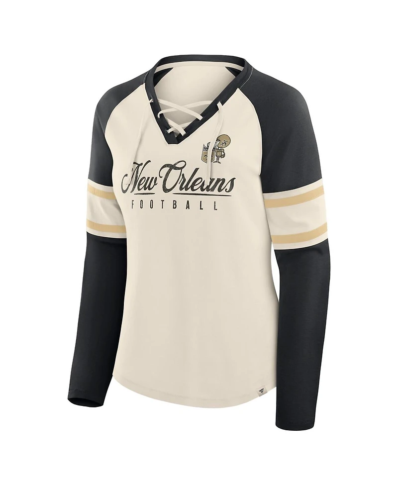 Fanatics Women's Cream/Black New Orleans Saints Hometown Gridiron Hero Raglan Lace-Up V-Neck Long Sleeve T-Shirt