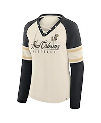 Fanatics Women's Cream/Black New Orleans Saints Hometown Gridiron Hero Raglan Lace-Up V-Neck Long Sleeve T-Shirt